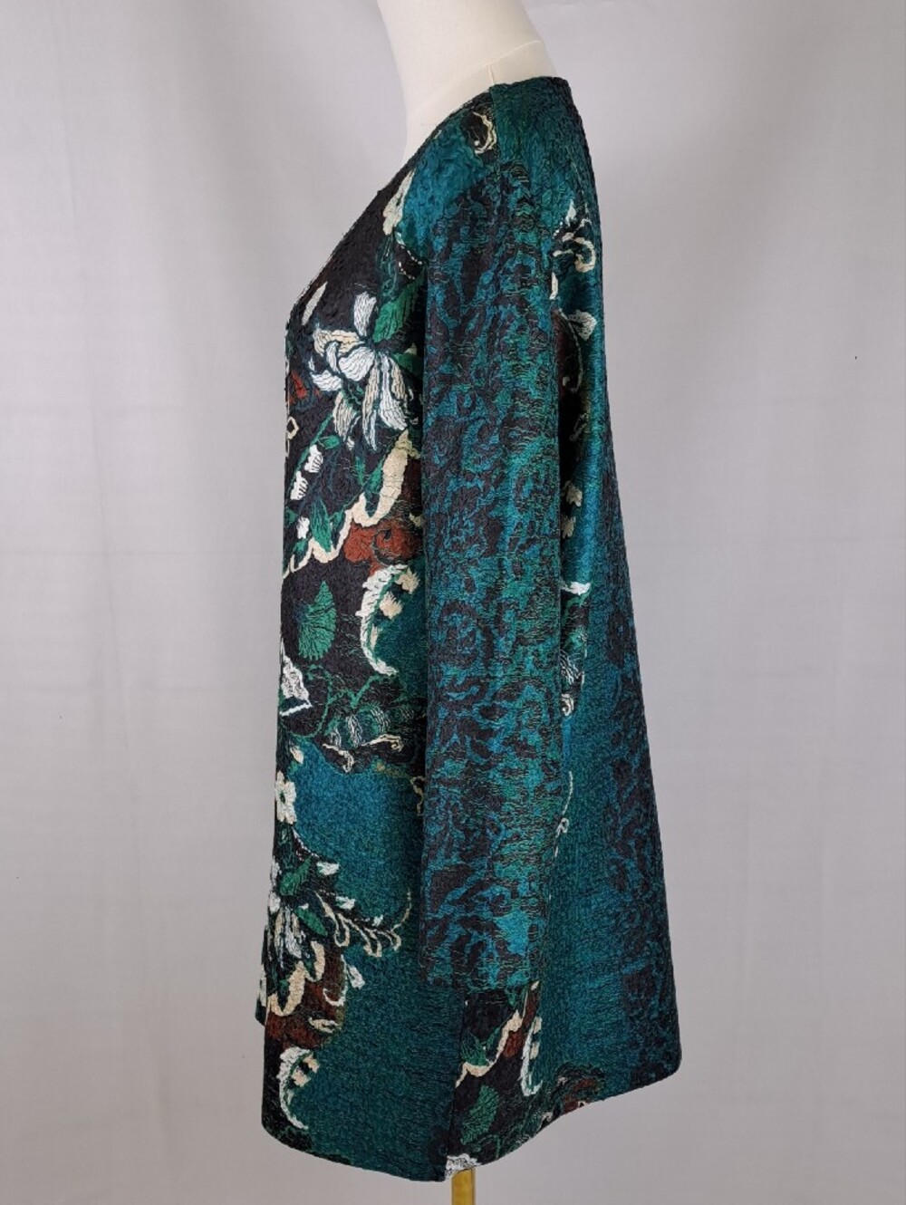 Funky Teal Lightweight Floral Tapestry Crinkle Knit Duster Coat Artsy Boho Sz L - Picture 4 of 12